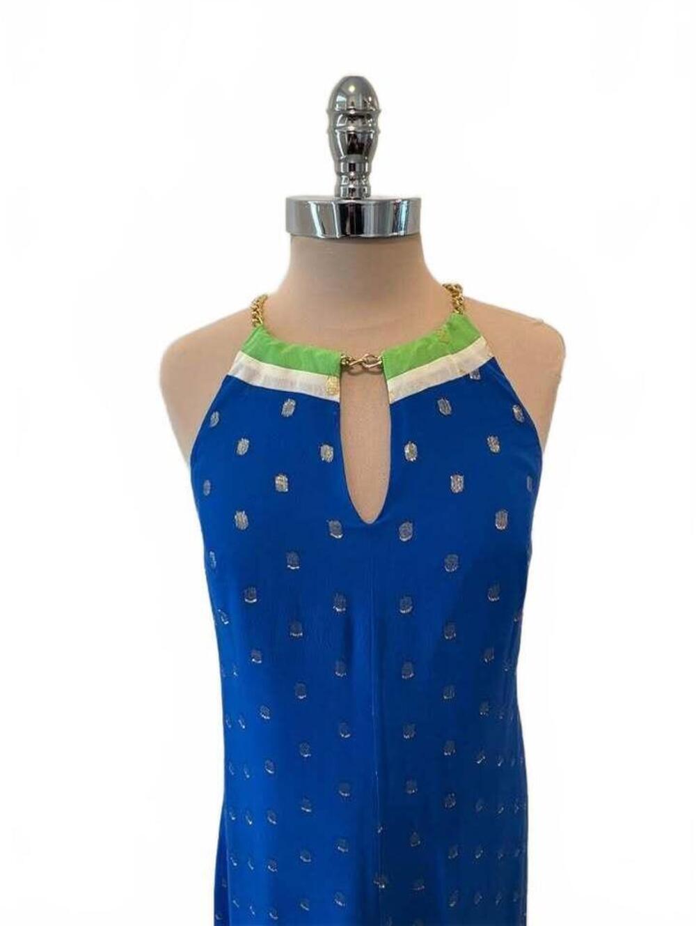 Lilly Pulitzer Blue and Green Gold Foil Dot Halter Maxi Dress - Picture 2 of 10